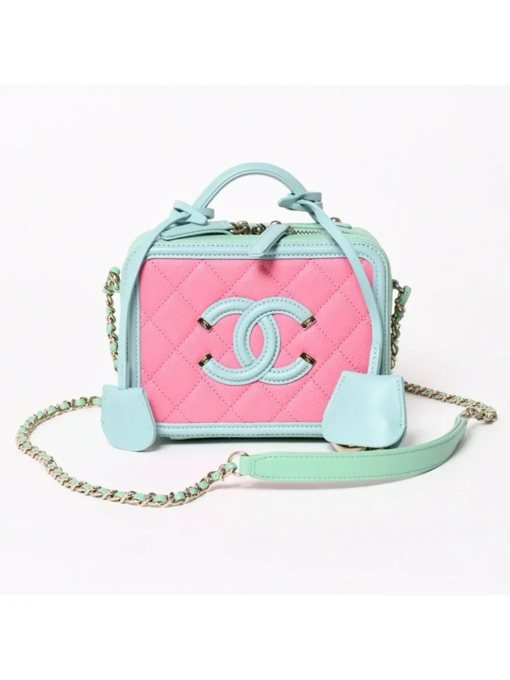 Chanel CC Filigree Vanity Bag CC Logo Caviar Leather Pink Mint Green